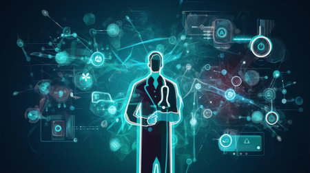 Generative AI : Doctor working on laptop and mobile phone with computer interface as medical online and network connection health icons on virtual screen medical technology telemedの素材