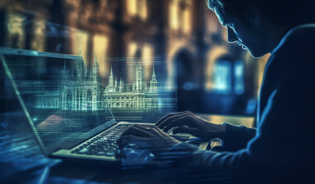 Generative AI : Double exposure man working on laptop computer using smart phone and smart city internet application on phone and computer devices start up business software develoの素材