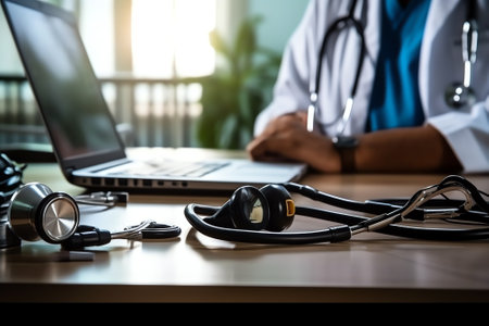 Generative AI : Doctor working on smartphone and laptop computer with stethoscope on clipboard on table telemedicine or teleconference electronics health record system EHRs electroの素材