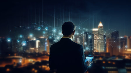 Generative AI : Double exposure of businessman using digital tablet with modern office buildings in the city signing business contract real estate development business technology bの素材