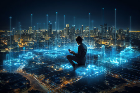 Generative AI : Double exposure business man working on laptop computer and cityscape at night modern technology smart business internet of things IoT conceptの素材