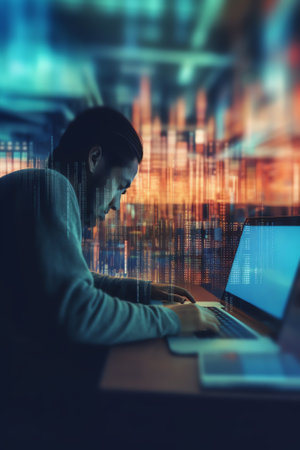 Generative AI : Double exposure of man programer or software developer working on laptop computer and using mobile smart phone start up business blue tone software development inteの素材