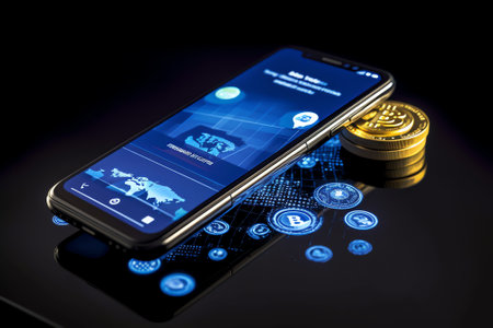Generative AI : FinTech Financial Technology internet payment money exchange digital banking concept Man using mobile smart phone with world currencies icons bitcoin wallet cryptocの素材