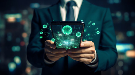 Generative AI : Fintech Financial technology Blockchain technology concept Businessman holding smartphone and virtual system diagram bitcoin wallet cryptocurrency smart city and neの素材