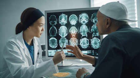 Generative AI : Health teamwork concept Two doctors examining chest xray film having discussion about patient diagnosis in hospitalの素材