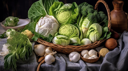 Generative AI : Fresh Chinese cabbage in the basket on sack backgroundの素材