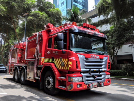Generative AI : Firefighters car equipment park beside the roadの素材