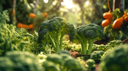 Generative AI : Fresh broccoli growing in the organic gardenの素材
