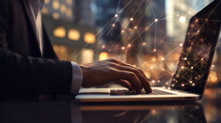 Generative AI : Global network connection digital technology internet of things concept Big data visualization Business man using laptop computer with internet network business sciの素材