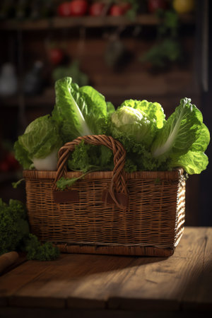 Generative AI : Fresh Chinese cabbage in the basket on sack backgroundの素材