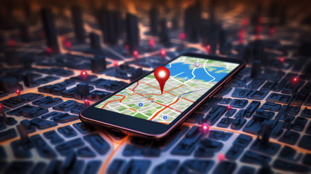 Generative AI : GPS map pin address location on mobile apps social media marketing plan business and technology concept Double exposure man using digital tablet searching and pinniの素材