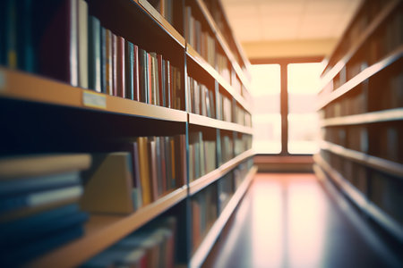 Generative AI : Hands holding mobile smart phone with blurred background of books on shelf and stack at library education conceptの素材