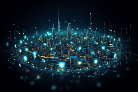 Generative AI : Internet network abstract business and technology background on night cityscape in blue tone innovative industry industry 40 technology development internet of thinの素材