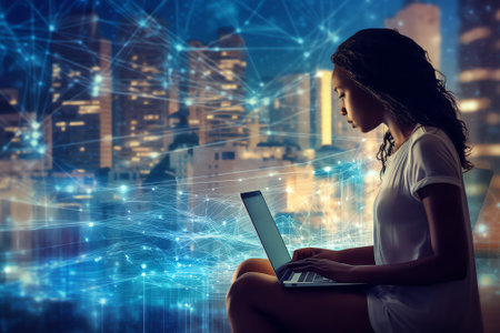 Generative AI : Internet network technology digital software development future tech background IoT concept Woman using digital tablet and laptop with global network connection comの素材