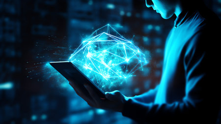 Generative AI : Internet network technology digital software development abstract background metaverse IoT concept Man using digital tablet and laptop with global internet networkの素材