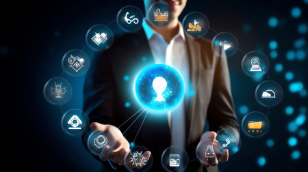 Generative AI : Internet of Things IoT global network technology digital marketing software development big data business intelligence concept Woman hand with global network technoの素材