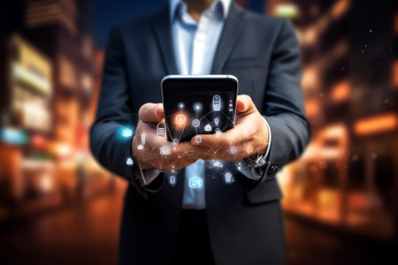 Generative AI : IoT Internet of Things Ecommerce Online shopping Apps development Man using digital tablet computer with web icons digital marketing omnichannel smart business andの素材
