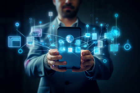 Generative AI : IoT Internet of Things mobile apps development digital marketing online shopping Ecommerce omnichannel concept Woman using mobile phone with technology icon and gloの素材
