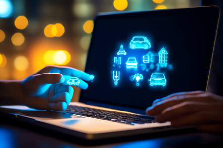 Generative AI : IoT Internet of Things concept Web or mobile app design business and modern technology Double exposure f man hand working on laptop computer and the city VR icons iの素材