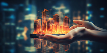 Generative AI : M banking online shopping payment and double exposure of smart city with internet network connection technology background web icons flow omni channel e commerce Inの素材