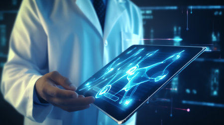 Generative AI : Male doctor holding stethoscope and touching on screen of digital tablet computer electronic health records system EHRs electronic medical records system EMRs telemの素材