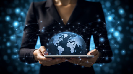 Generative AI : Internet of Things IOT Global Business Digital Technology social media marketing concept Woman using digital tablet with global network and technology icons onlineの素材