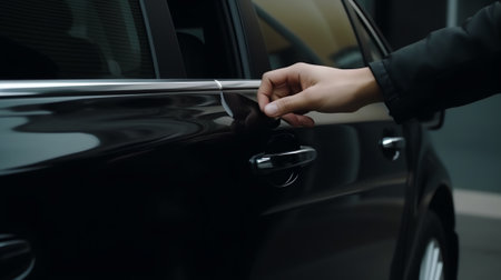 Generative AI : Man driver hand fastening seat belt in a car close up Safety driving transportation conceptの素材