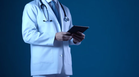 Generative AI : Male doctor on duty working on mobile smartphone close up health and medical conceptの素材