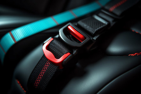 Generative AI : Man driver hand fastening seat belt in a car close up Safety driving transportation conceptの素材