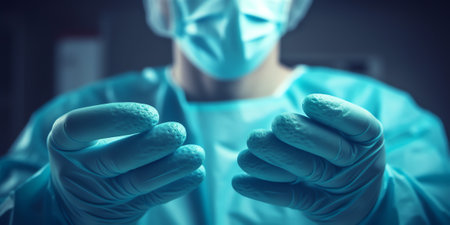 Generative AI : Male doctor putting disposable rubber gloves with blurred interior hospital background OR operation room universal precaution infectious control conceptの素材