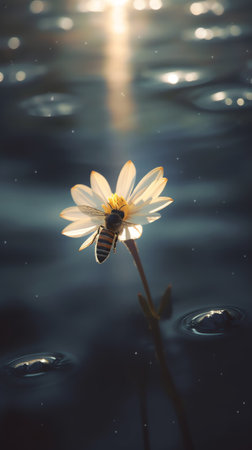 Generative AI : Life and motivation quote about self esteem or self confidence THE FLOWER DOESNT DREAM OF THE BEE IT BLOSSOMS AND TH BEE COMES with macro image of bee on chamomileの素材
