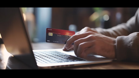 Generative AI : Man hand using typing on keyboard of laptop computer and holding credit card online shopping e commerce credit card payment concept online trading internet of thingの素材