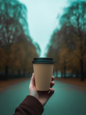 Generative AI : Man driver hand holding take away go coffee cup while driving a car in the morning close up toned image people lifestyle summer holiday journey conceptの素材