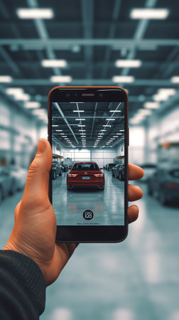 Generative AI : Man hands holding mobile smart phone with blurred background of new cars displayed in showroom buying new carの素材
