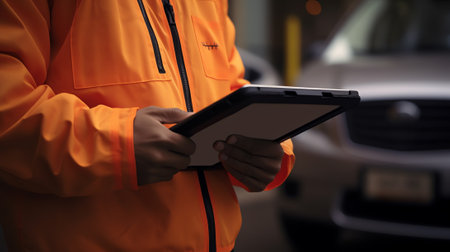 Generative AI : Man hands holding tablet computer with blurred background of new cars displayed in showroom buying new carの素材