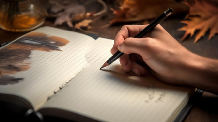 Generative AI : Man hand writing on papaer notebook with a pencil Man taking note or make a plan on notepad with reflection on office desk at home copy space close upの素材