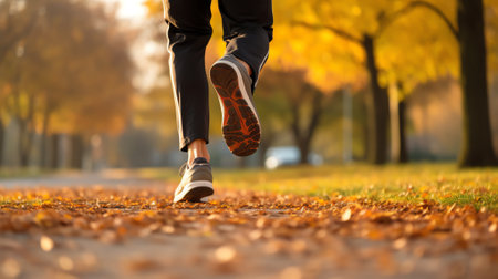 Generative AI : Man legs in boot and jeans walking along the street with colorful autumn leaves carpet on the ground in autumn forest with morning sunlight for background close upの素材