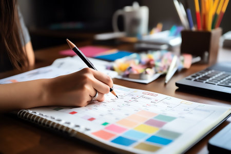 Generative AI : Man hands note on calendar desk and checking work project plan in office Calendar event timetable agenda plan on organize schedule event Daily planner organizing tiの素材