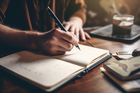 Generative AI : Man holding ball point pen on paper notebook on table in relax positionの素材