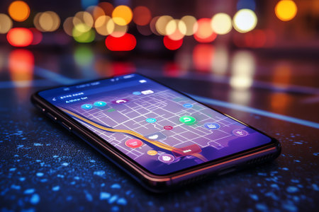 Generative AI : Man searching destination direction or address on gps or navigator application via mobile smartphone inside a car while driving car close upの素材