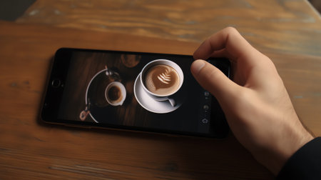 Generative AI : Mans hands holding mobile smartphone and credit card on white desk with coffee cup and clock at home in morning light internet banking online trading e commerce conの素材