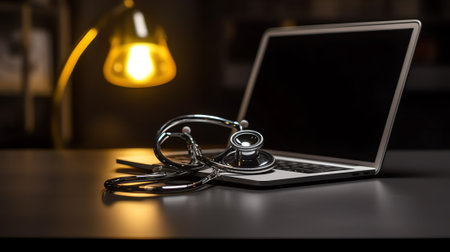 Generative AI : Medical technology background close of doctors stethoscope and laptop computer on office desk with reflection black and white online health telemedicine conceptの素材