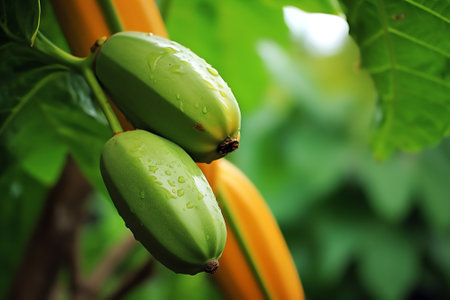 Generative AI : Many green papayas on tree bunch fruitsの素材