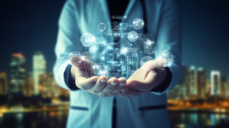 Generative AI : Medical technology healthcare and medicine telemedicine virtual hospital concept Doctor with stethoscope touching on virtual screen with health technology icons andの素材