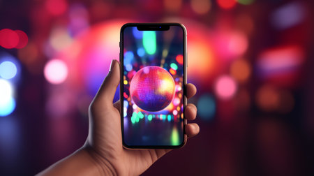 Generative AI : Mock up image of man hand holding blank screen mobile smart phone with colorful festive light bokeh of Christmas night party backgroundの素材