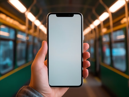Generative AI : Mock up image man holding blank screen smart phone with passengers walking in airport online flight booking internet payment airline mobile app design for advertiseの素材