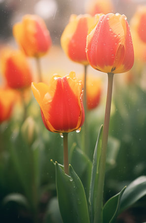 Generative AI : Orange tulip flowers with water drops in tulip gardenの素材