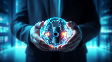 Generative AI : Network security data protection computer crime concept Businessman using digital tablet with digital padlock personal information and data protection on internet tの素材