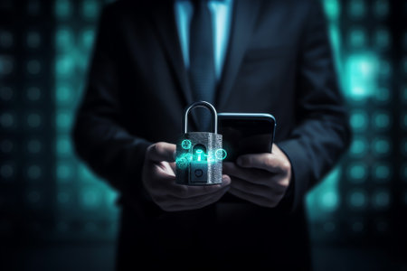 Generative AI : Personal data protection antivirus software development internet network cyber security concept Man using mobile phone with virtual padlock and technology icons andの素材