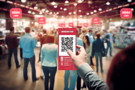 Generative AI : Mockup of man hand using mobile smart phone at shopping center in front of department store for internet payment digital banking application with blurred crowd peopの素材